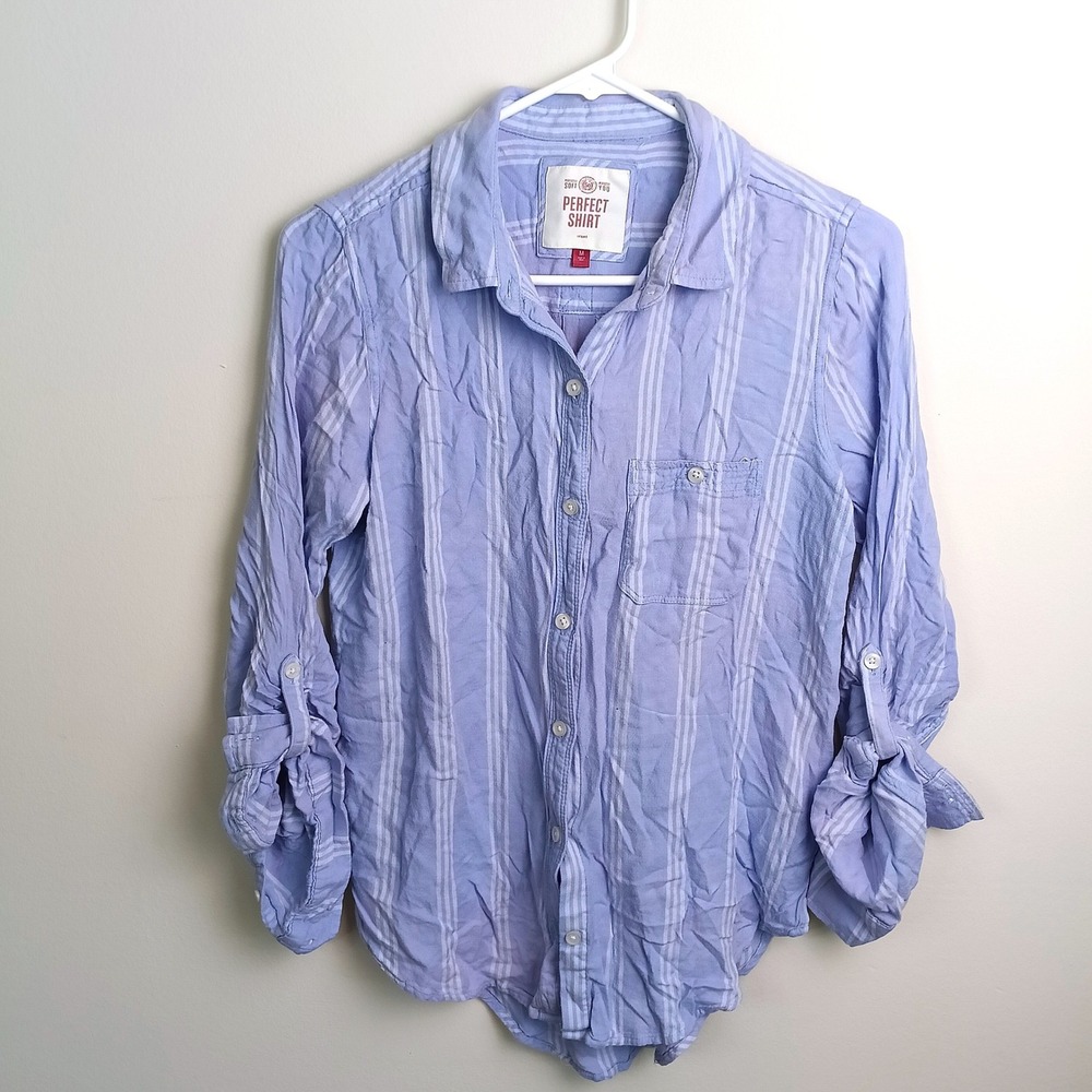 SO Perfect Shirt Button Down Women M Blue White Striped Roll Tab Rayon Excellent